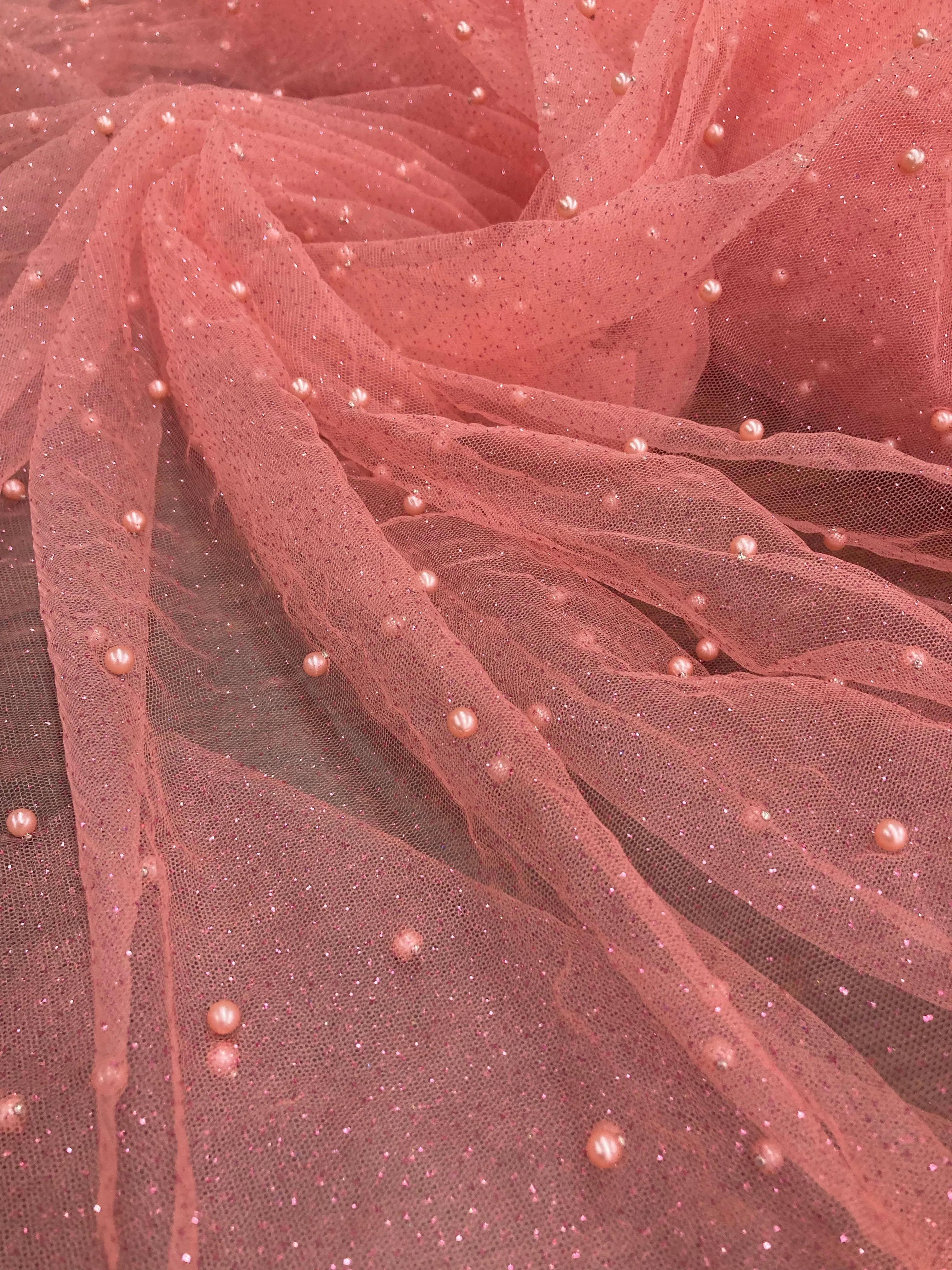 Glitter Mesh Fabric with Scattered Pearls 2-Way Stretch | Lace USA -  Net Pearls