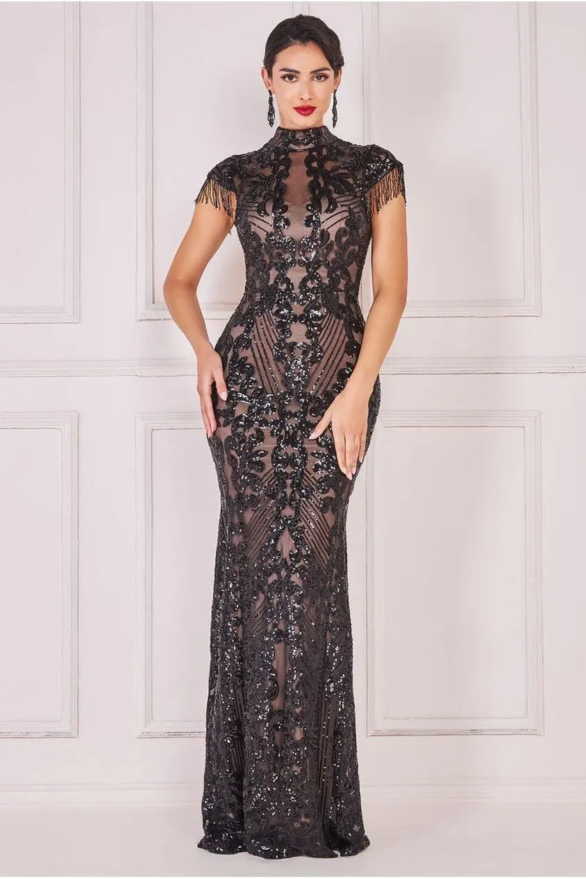 Goddiva Embroidered Sequin Beaded Cap Sleeve Maxi - Black