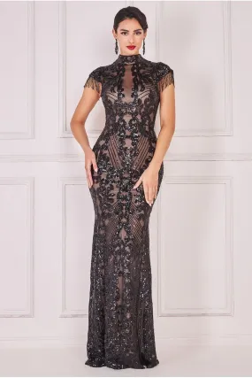Goddiva Embroidered Sequin Beaded Cap Sleeve Maxi - Black