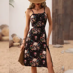 Gothic Retro Dark Skull Print Side Slit Sling Strap Dress