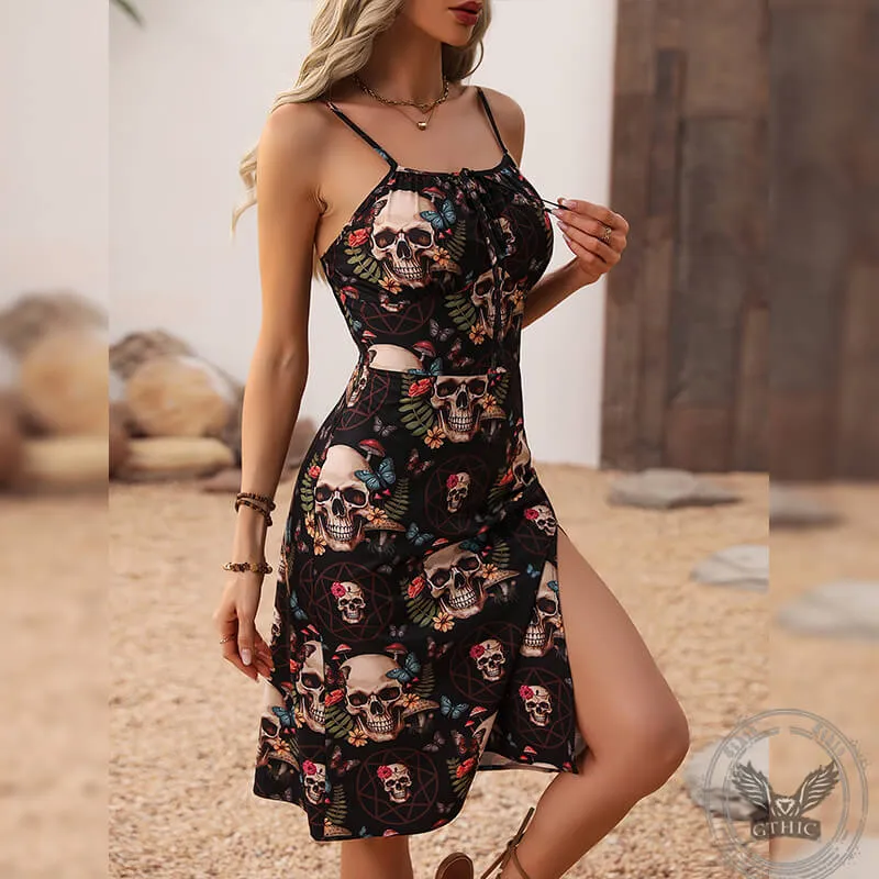 Gothic Retro Dark Skull Print Side Slit Sling Strap Dress