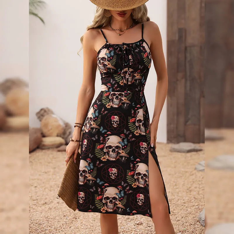 Gothic Retro Dark Skull Print Side Slit Sling Strap Dress