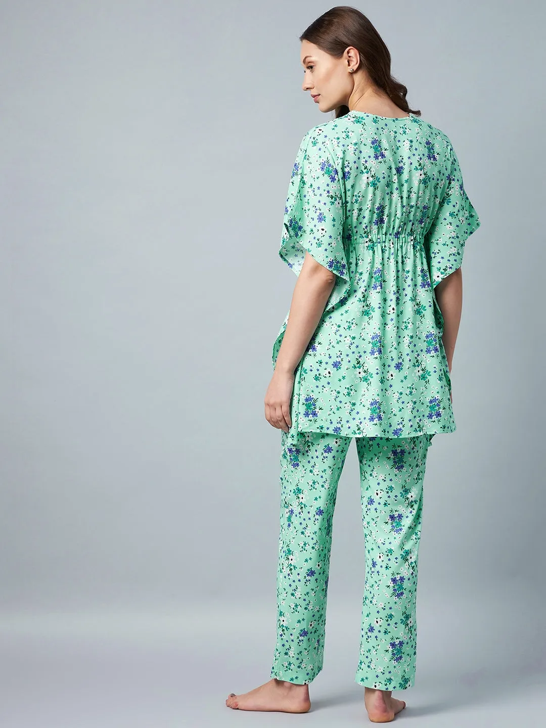 Green & Blue Floral Printed Kaftan Style Set