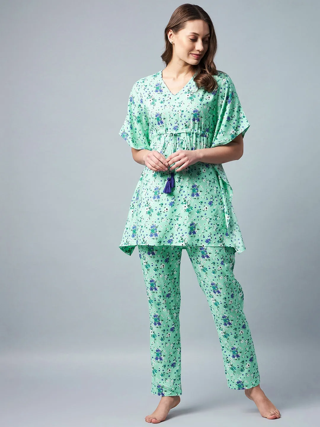 Green & Blue Floral Printed Kaftan Style Set