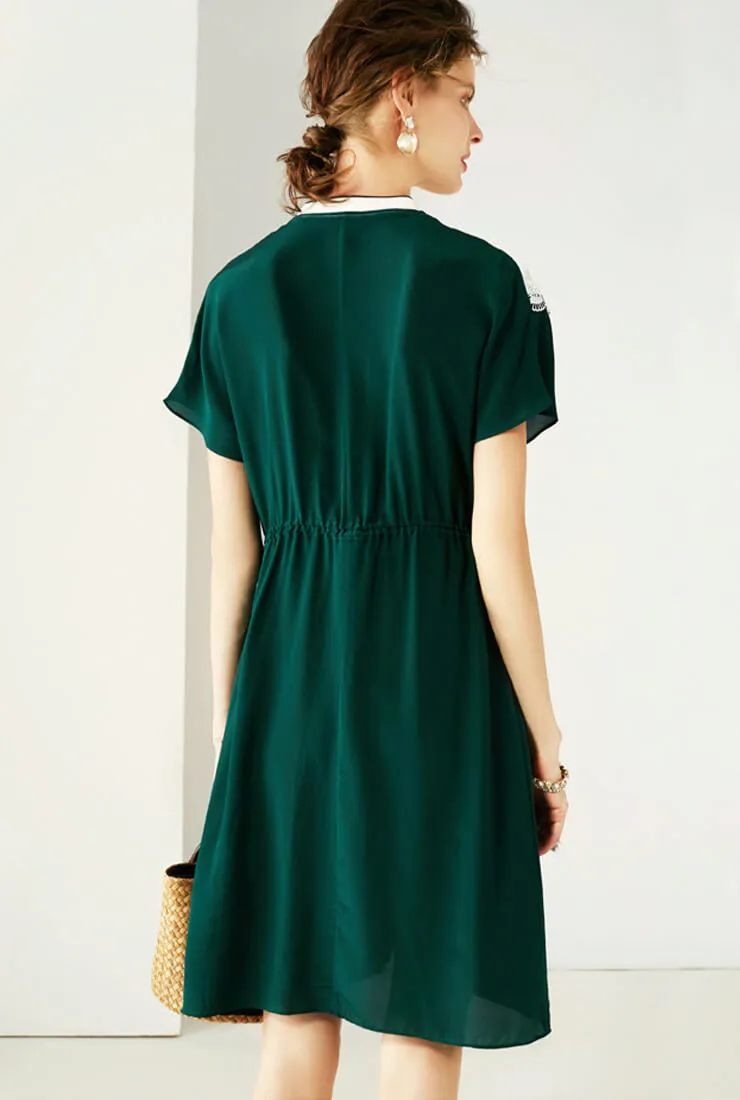 Green Waist Drawstring Silk Midi Dress