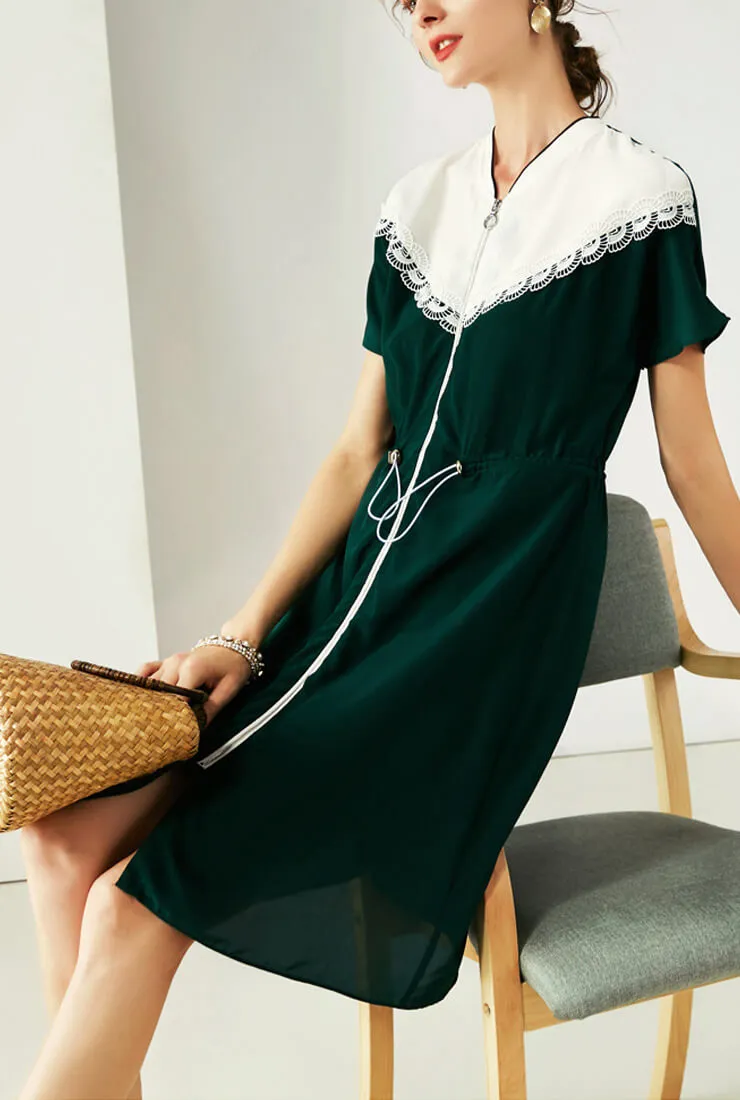 Green Waist Drawstring Silk Midi Dress
