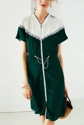 Green Waist Drawstring Silk Midi Dress