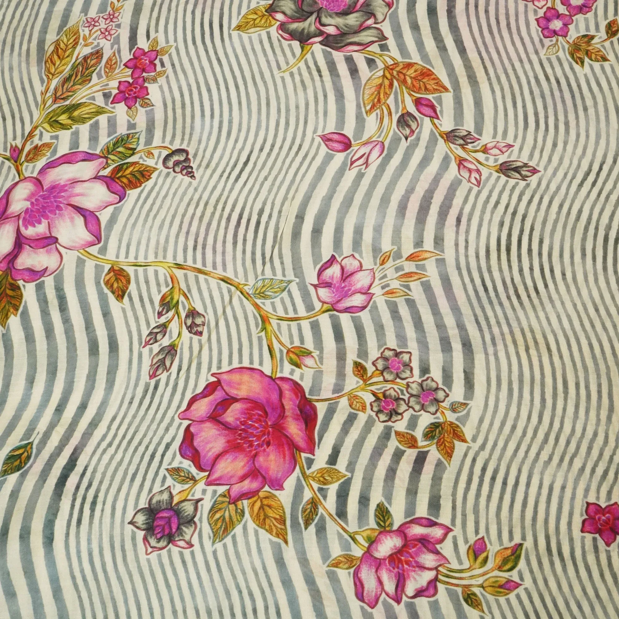 Grey Floral Print Muslin Fabric GT-24670