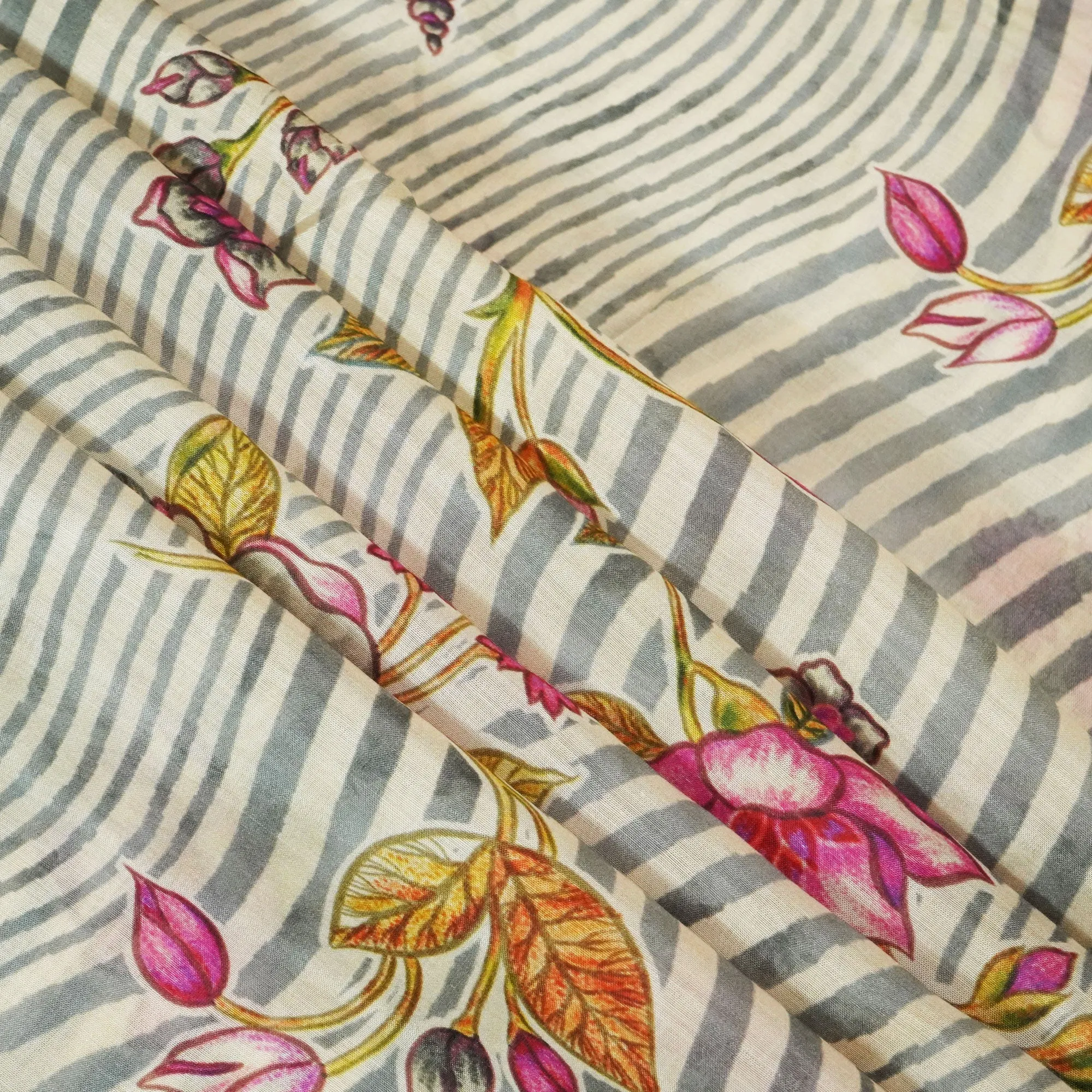 Grey Floral Print Muslin Fabric GT-24670