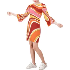 Groovy Dress, Hippie Dress, Stripe Dress, 70s Style Dress, Retro Dress, Vintage Style Dress, Bell sleeve,Multicolor Stripe Dress,Shift Dress
