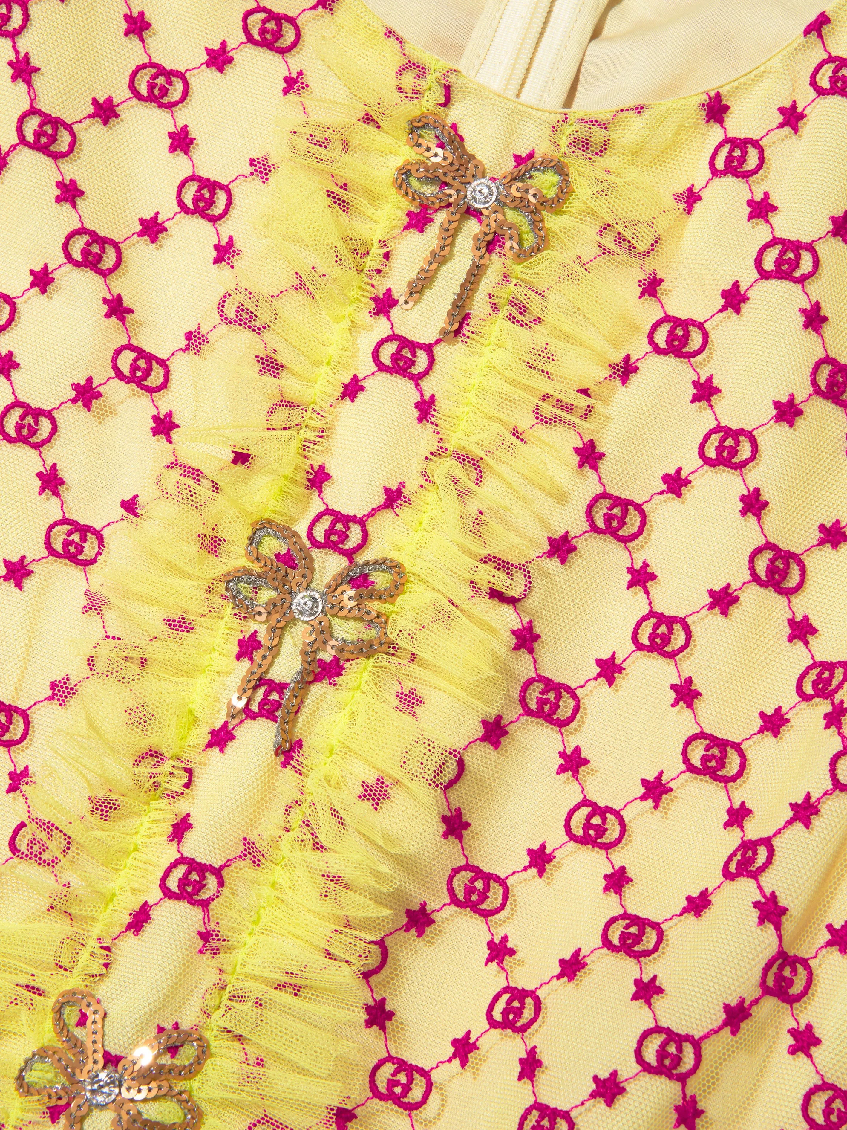 Gucci Girls Embroidered GG Tulle Dress