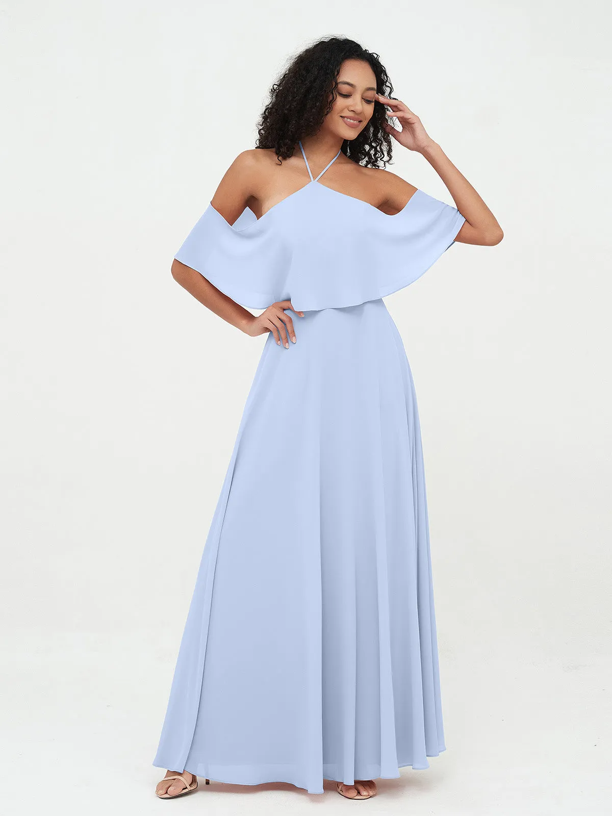 Halter Off the Shoulder Max Dresses with Pockets-Sky Blue