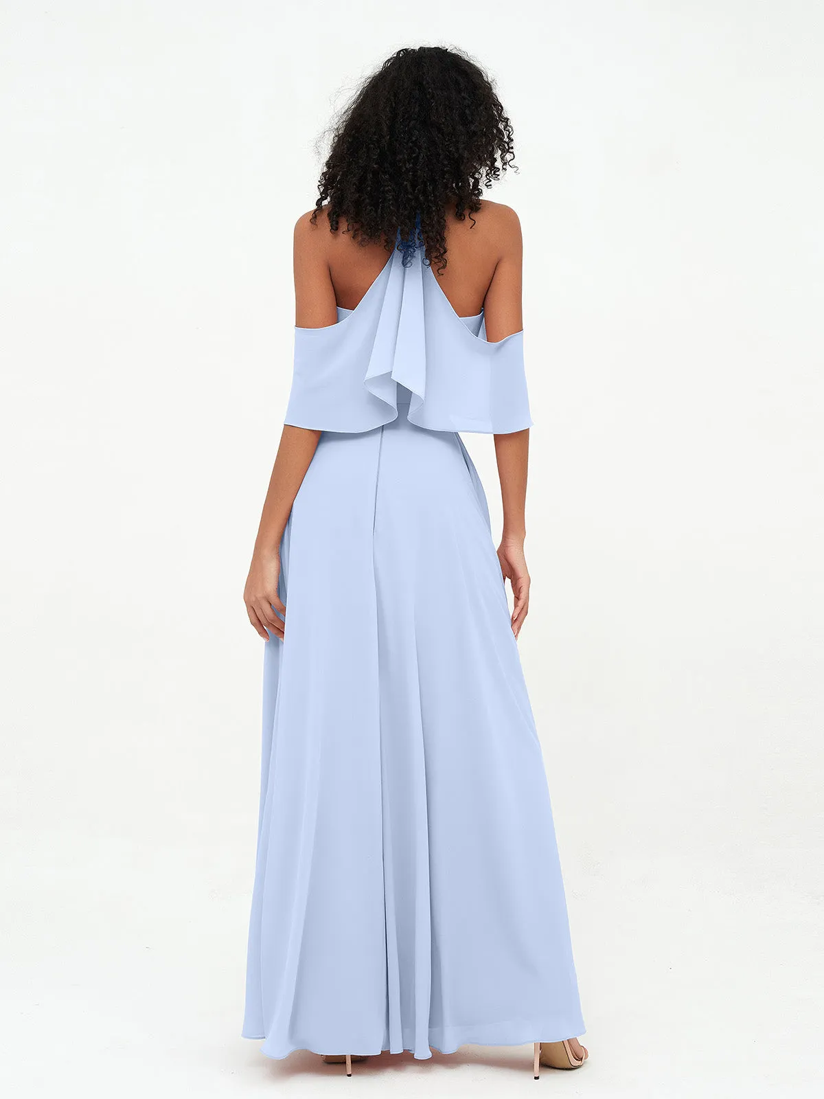 Halter Off the Shoulder Max Dresses with Pockets-Sky Blue