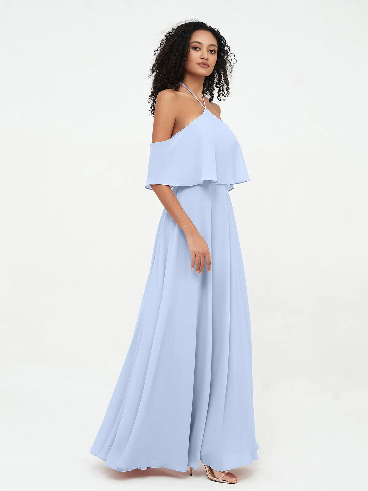 Halter Off the Shoulder Max Dresses with Pockets-Sky Blue