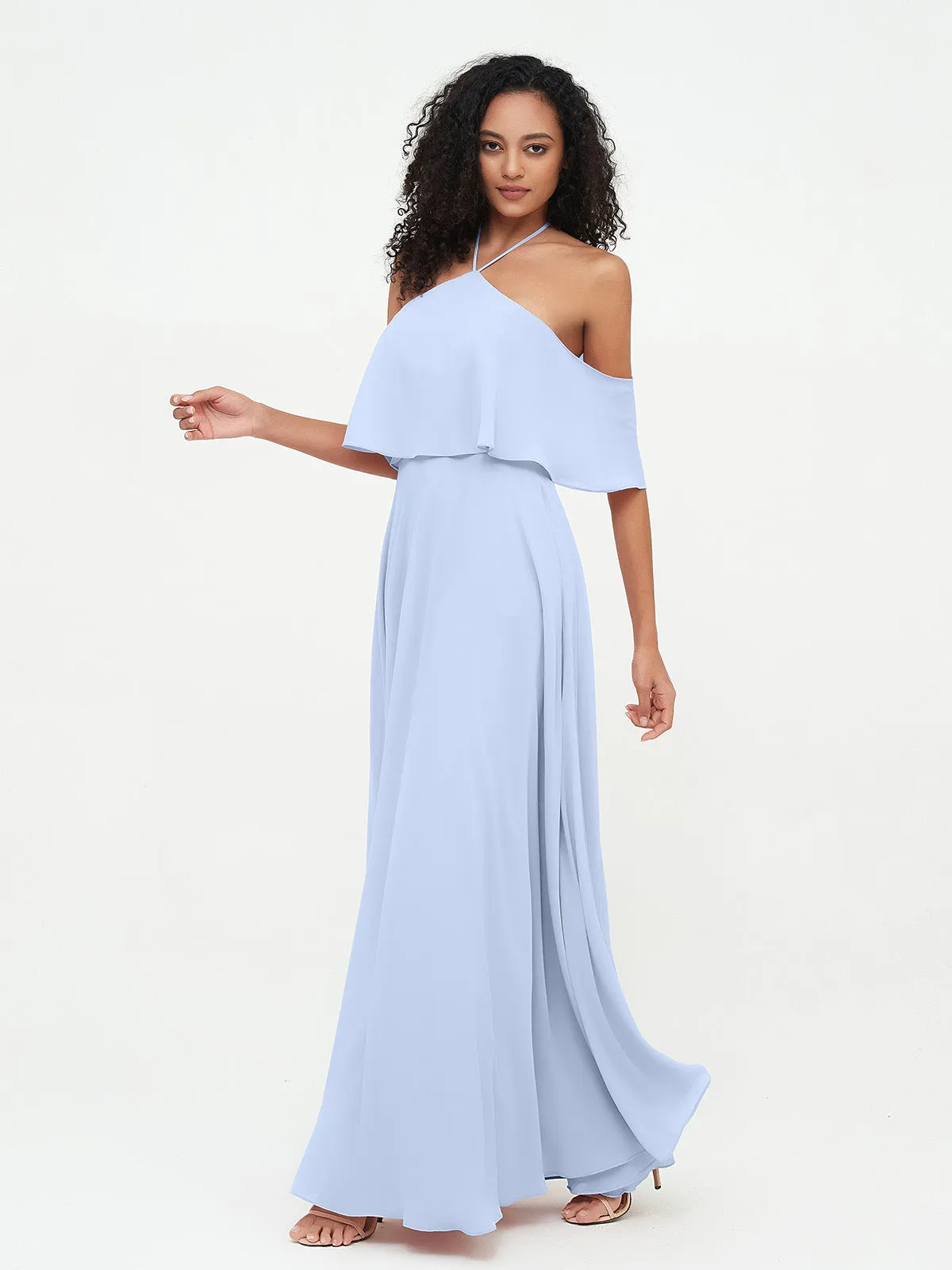 Halter Off the Shoulder Max Dresses with Pockets-Sky Blue
