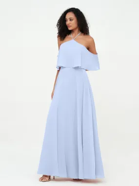 Halter Off the Shoulder Max Dresses with Pockets-Sky Blue