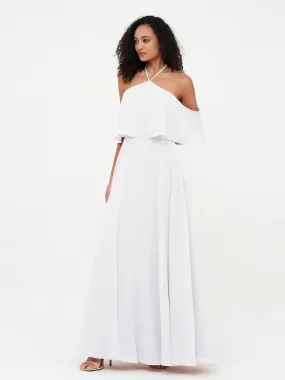 Halter Off the Shoulder Max Dresses with Pockets-White