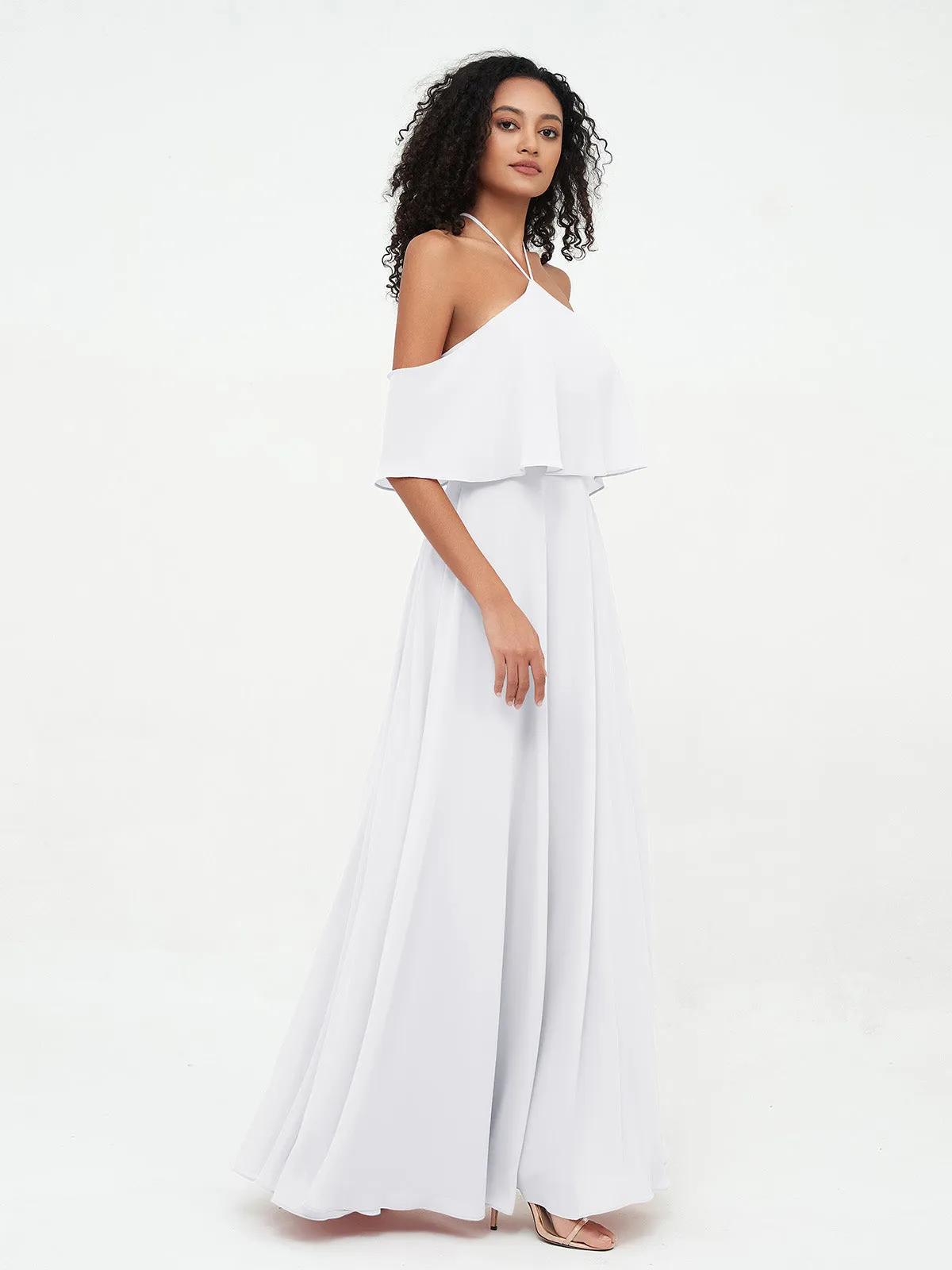 Halter Off the Shoulder Max Dresses with Pockets-White