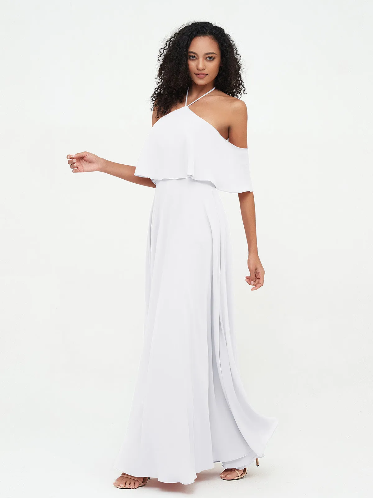 Halter Off the Shoulder Max Dresses with Pockets-White
