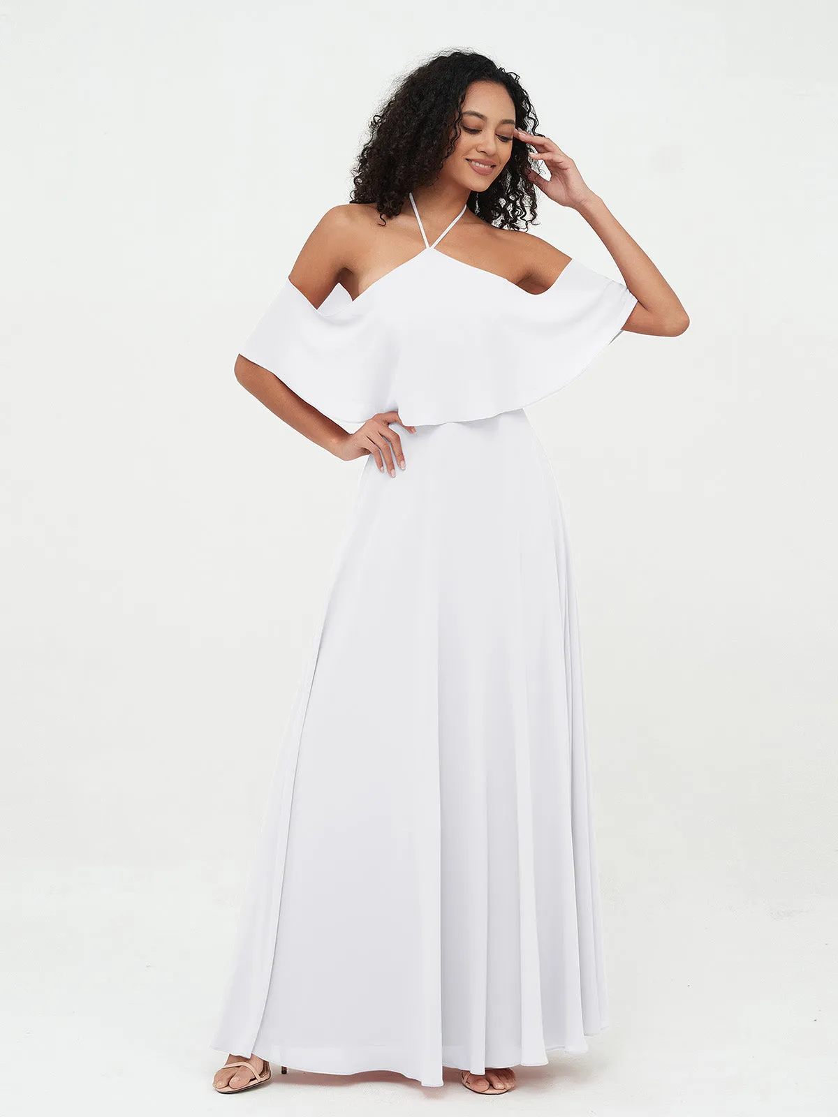 Halter Off the Shoulder Max Dresses with Pockets-White
