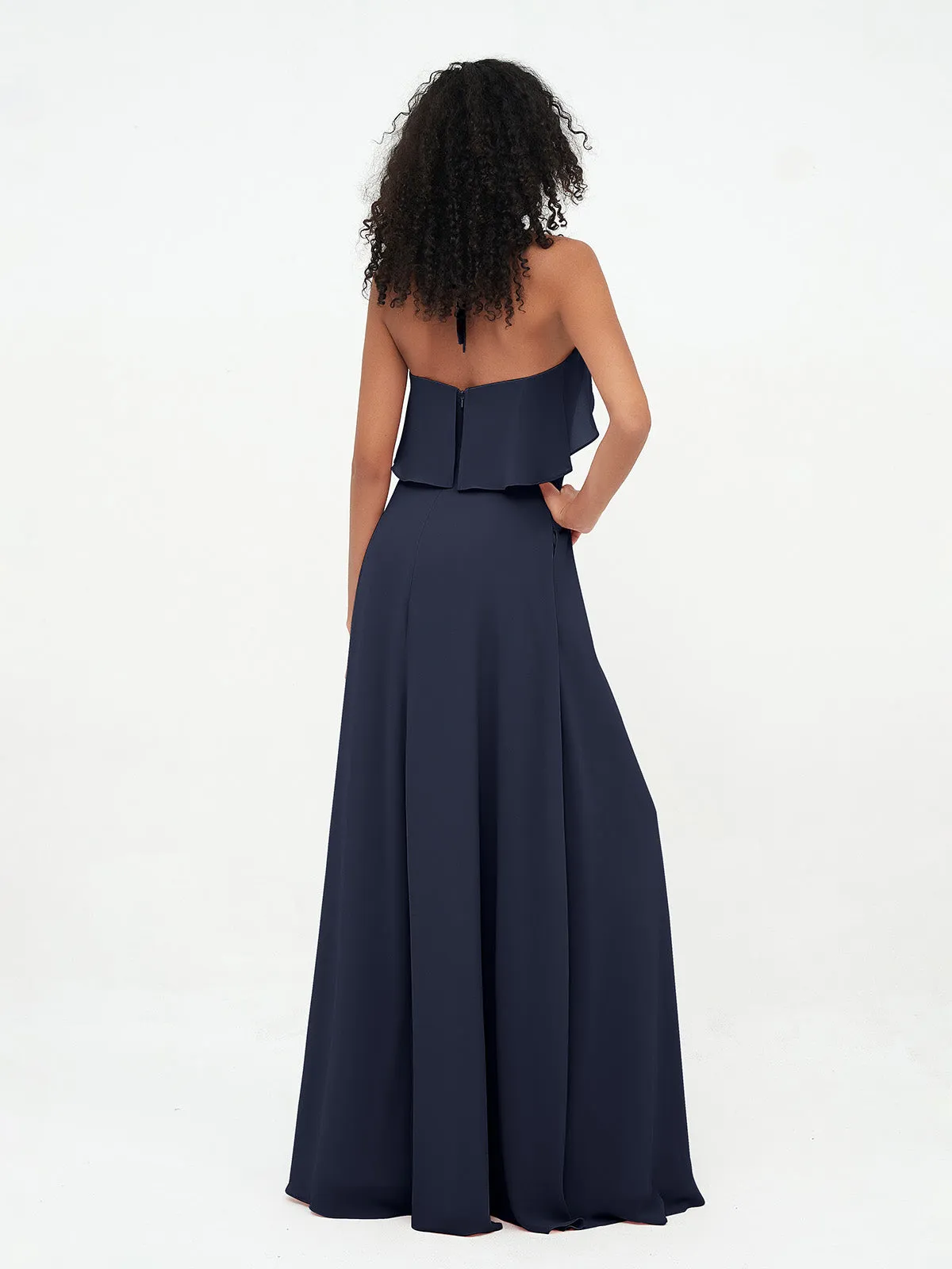 Halter Strap Chiffon Long Bridesmaid Dresses Dark Navy Plus Size