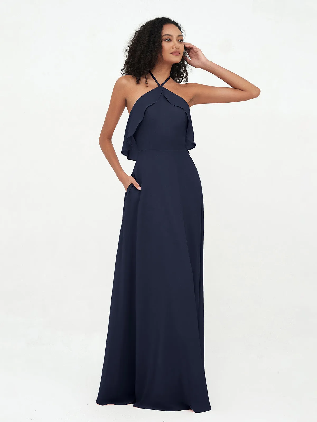 Halter Strap Chiffon Long Bridesmaid Dresses Dark Navy Plus Size