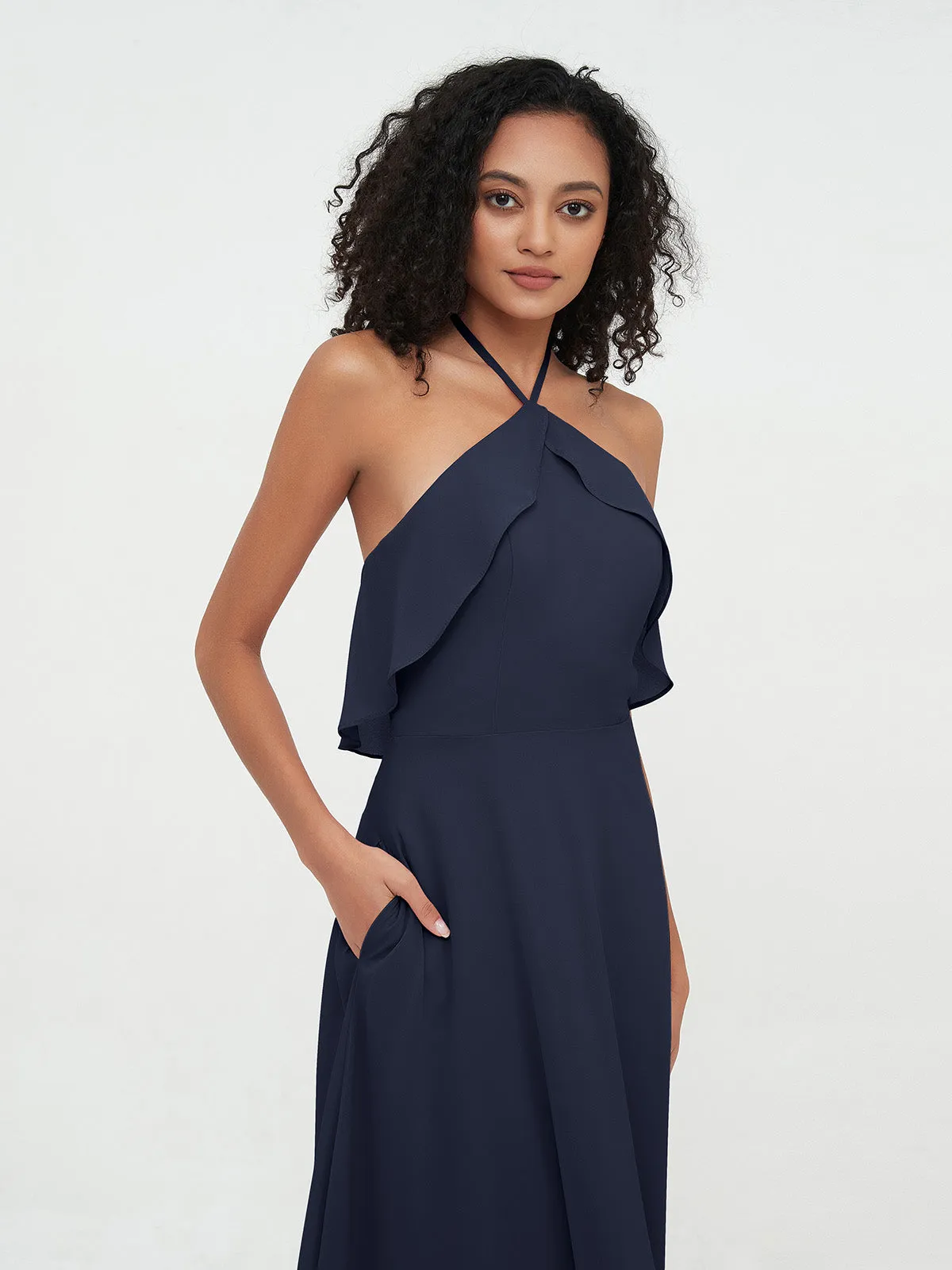 Halter Strap Chiffon Long Bridesmaid Dresses Dark Navy Plus Size