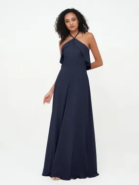 Halter Strap Chiffon Long Bridesmaid Dresses Dark Navy Plus Size
