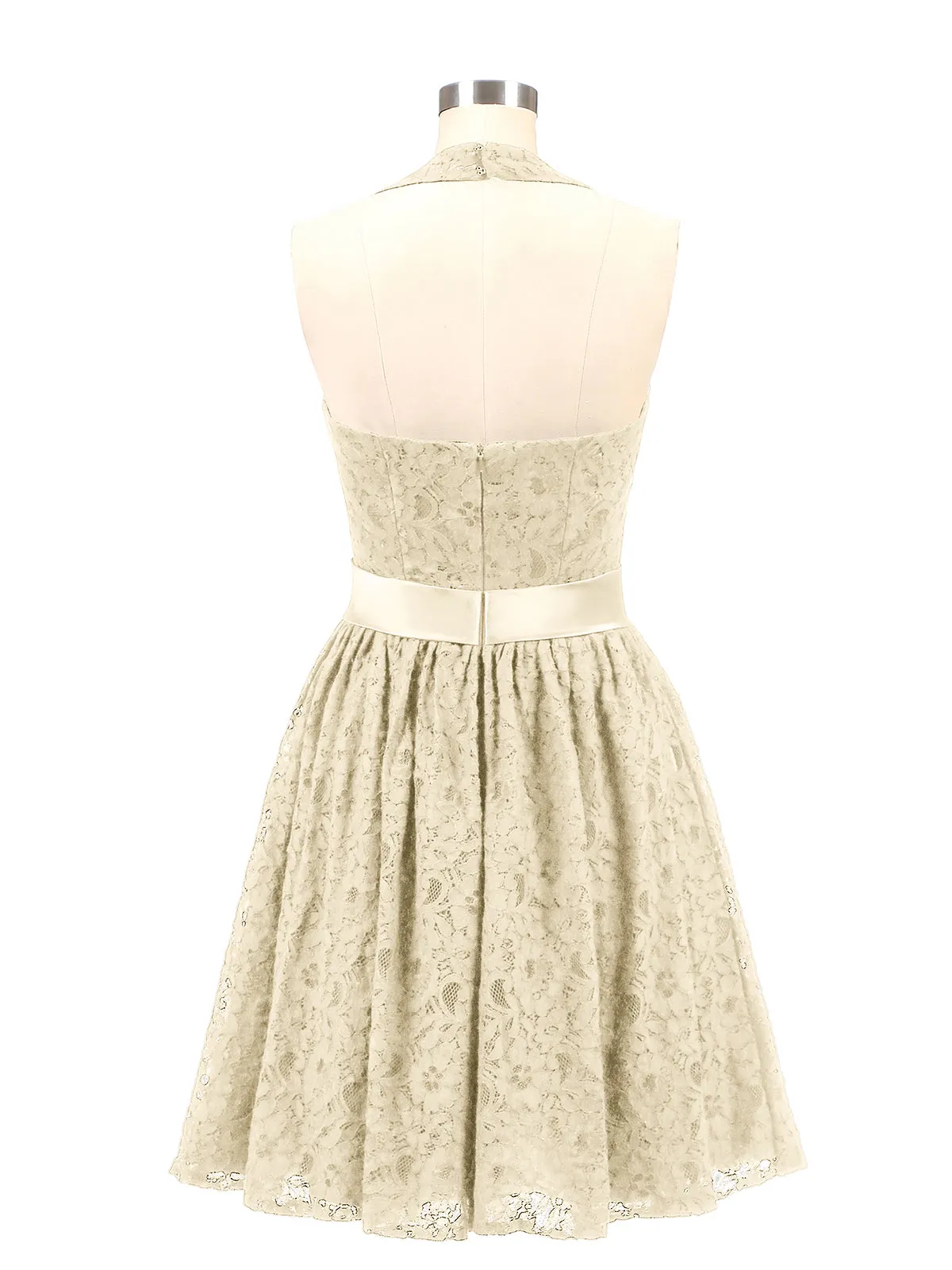 Halter V-neck Lace Dress with Satin Sash-Champagne