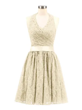 Halter V-neck Lace Dress with Satin Sash-Champagne
