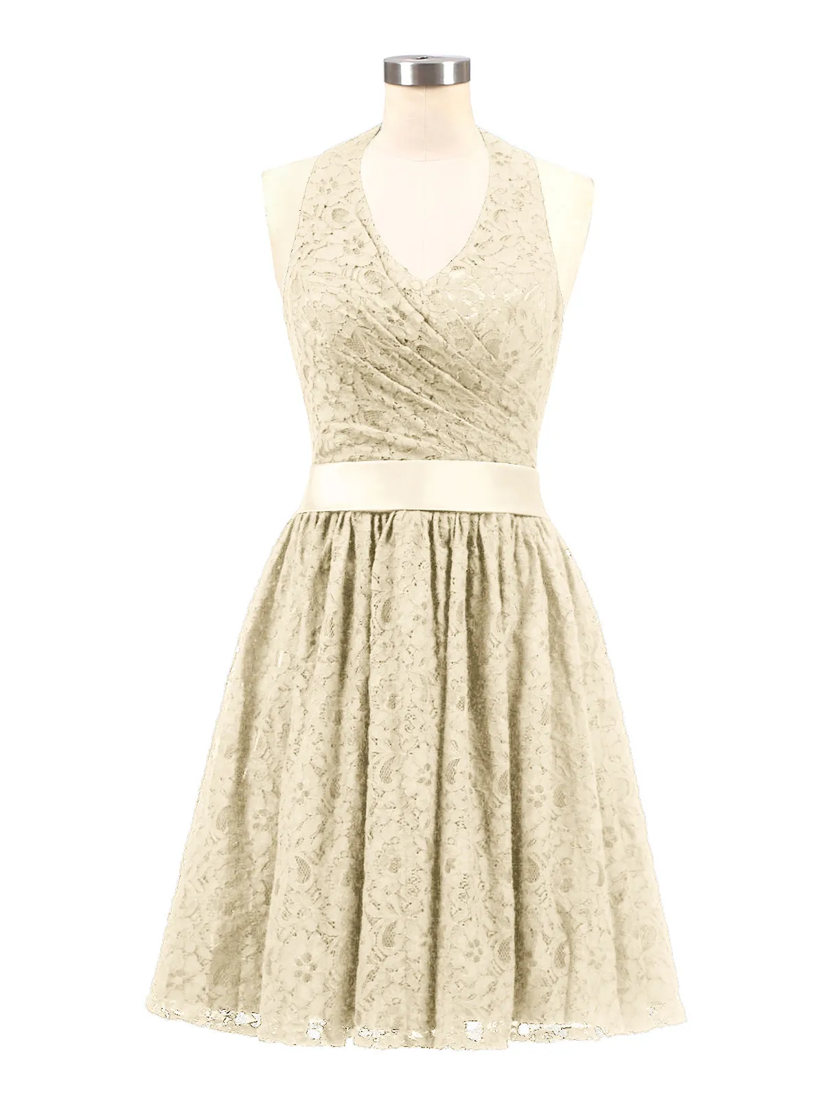 Halter V-neck Lace Dress with Satin Sash-Champagne