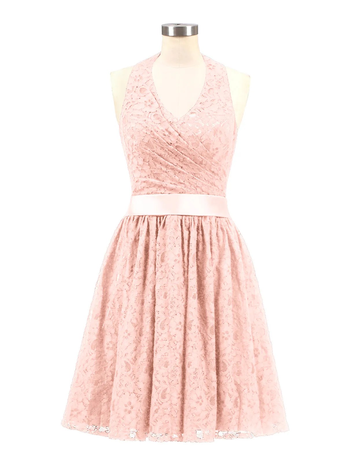 Halter V-neck Lace Dress with Satin Sash-Coral