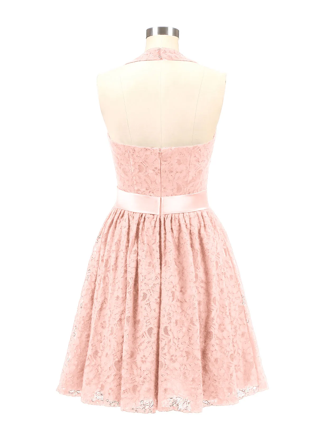 Halter V-neck Lace Dress with Satin Sash-Coral