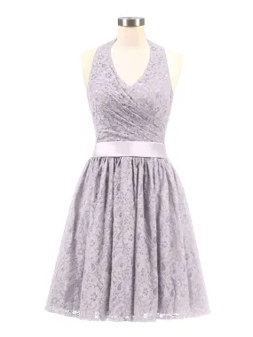 Halter V-neck Lace Dress with Satin Sash-Dusk Plus Size