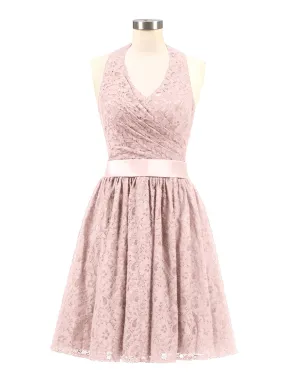 Halter V-neck Lace Dress with Satin Sash-Dusty Rose