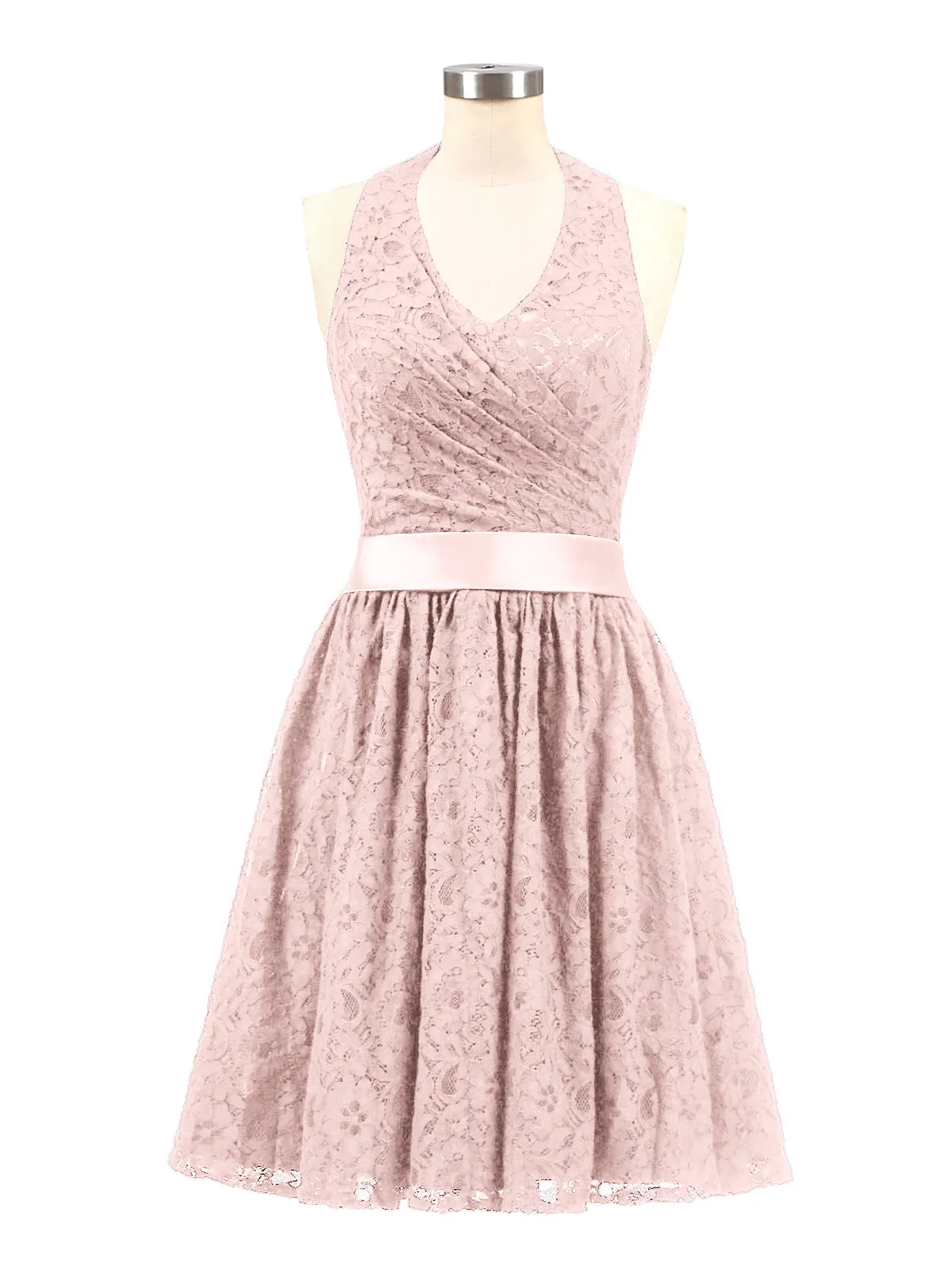 Halter V-neck Lace Dress with Satin Sash-Dusty Rose