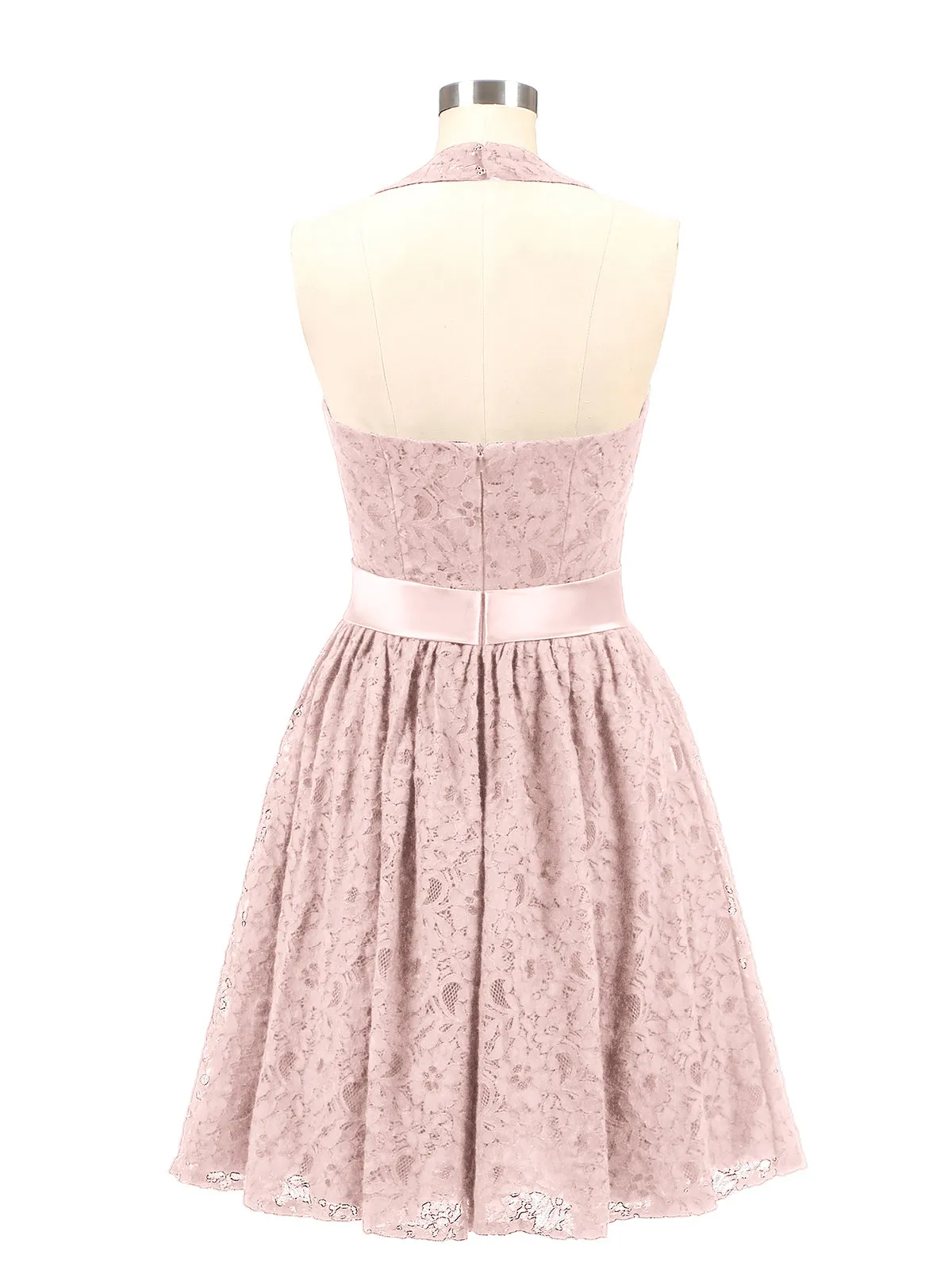 Halter V-neck Lace Dress with Satin Sash-Dusty Rose