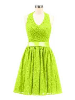 Halter V-neck Lace Dress with Satin Sash-Lime Green Plus Size