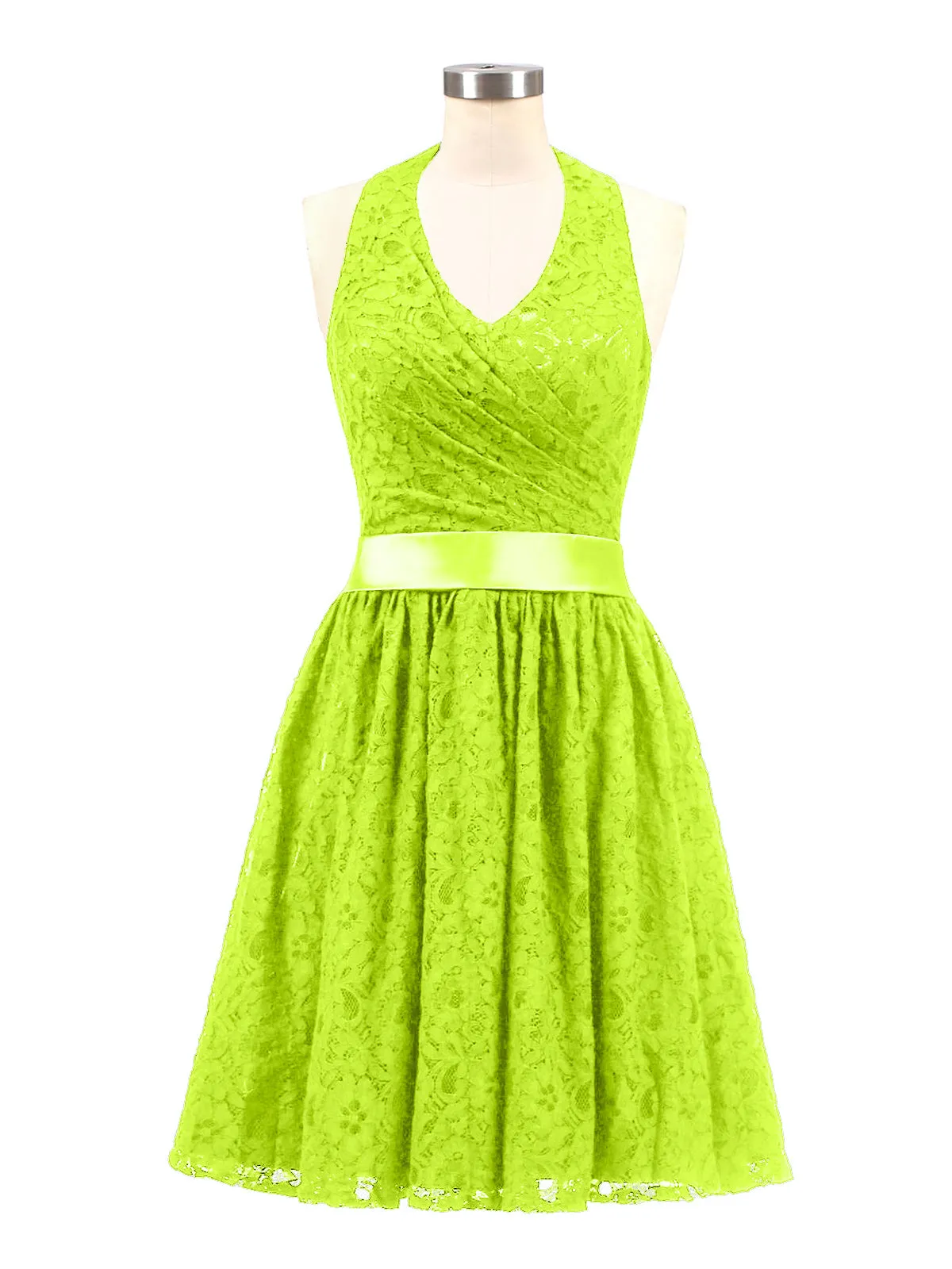 Halter V-neck Lace Dress with Satin Sash-Lime Green Plus Size