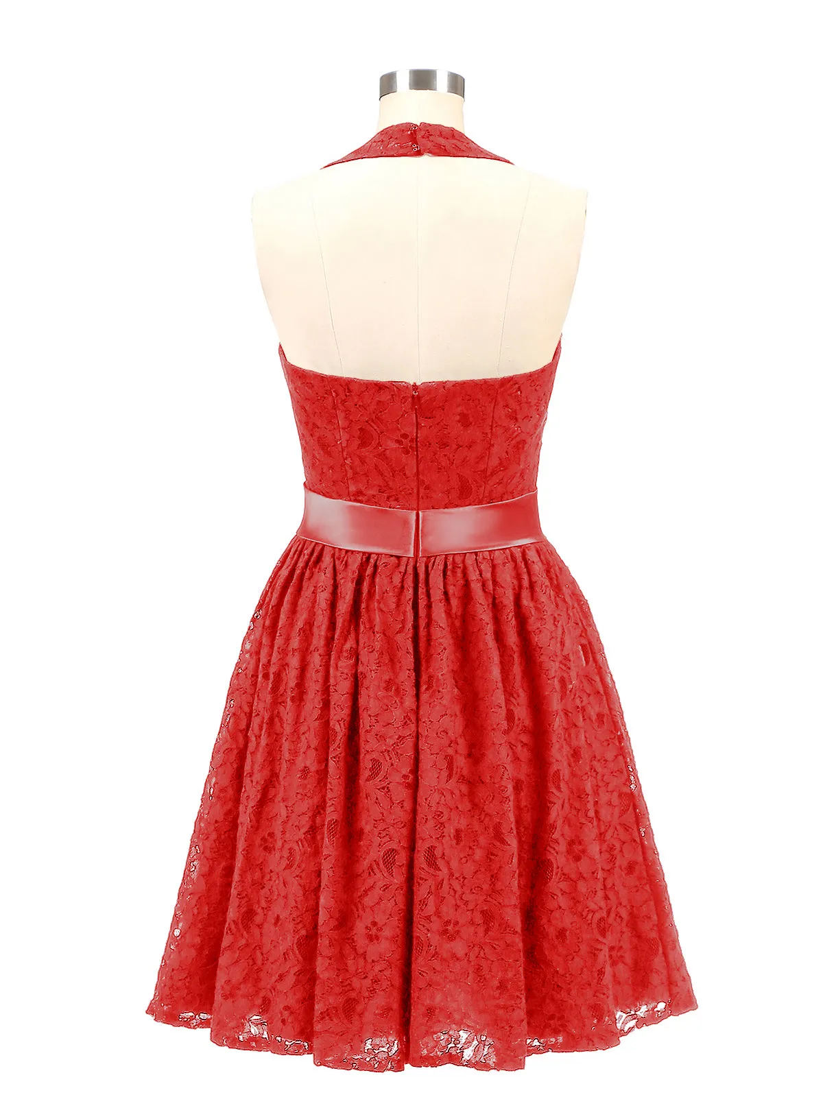 Halter V-neck Lace Dress with Satin Sash-Red Plus Size