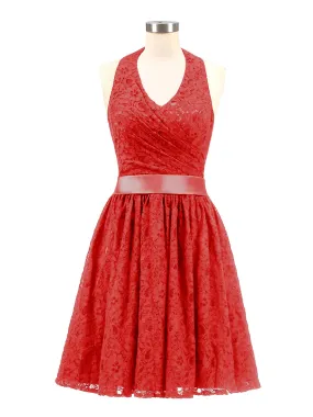 Halter V-neck Lace Dress with Satin Sash-Red Plus Size
