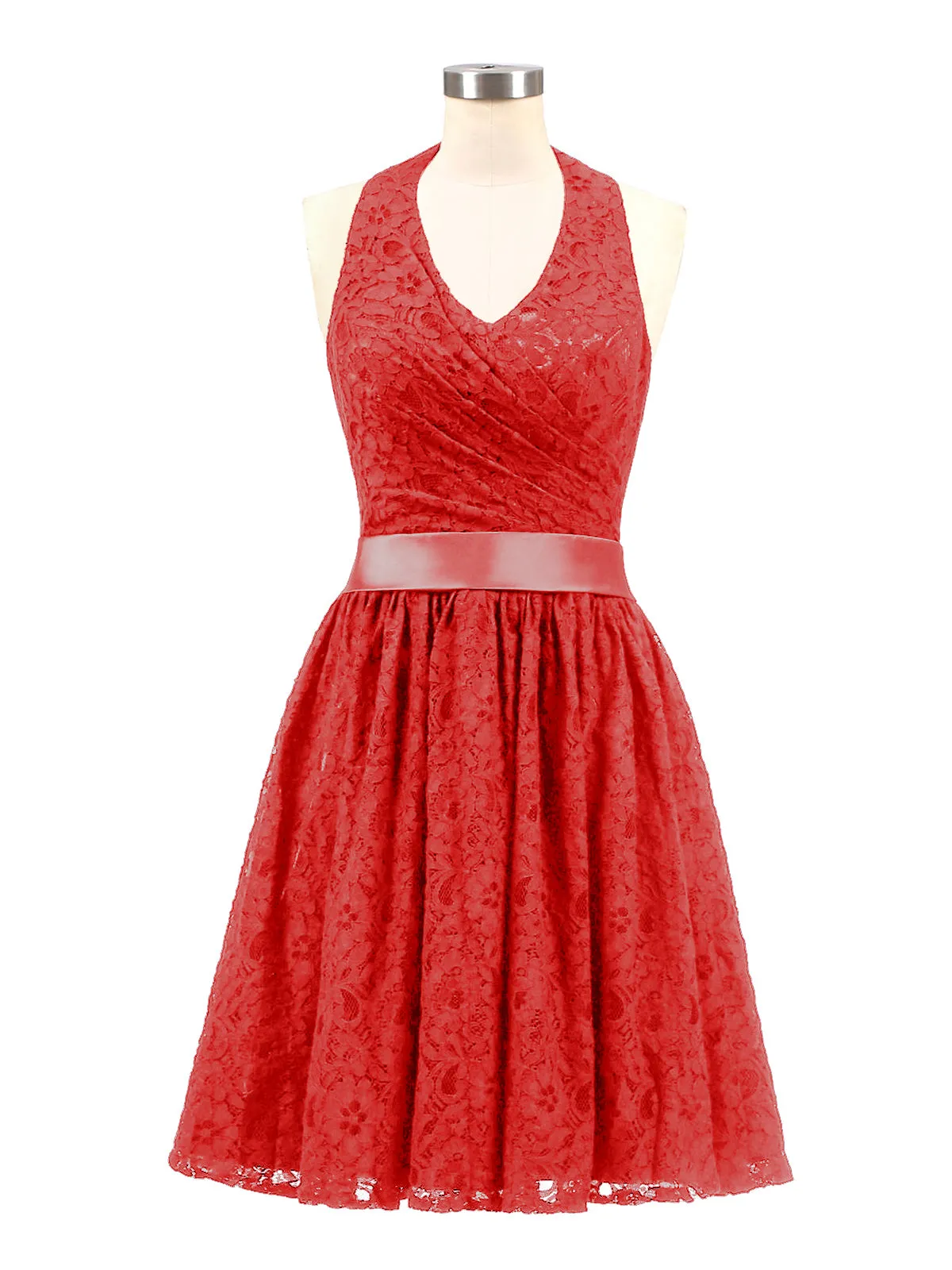 Halter V-neck Lace Dress with Satin Sash-Red Plus Size