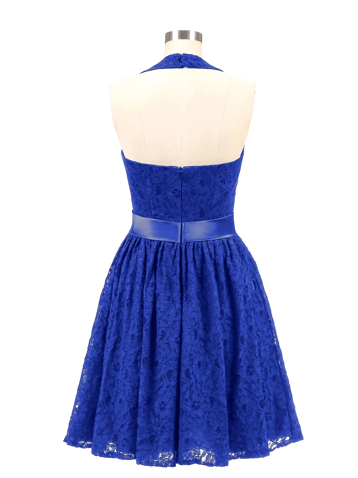 Halter V-neck Lace Dress with Satin Sash-Royal Blue