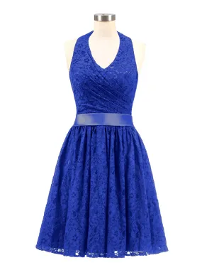 Halter V-neck Lace Dress with Satin Sash-Royal Blue