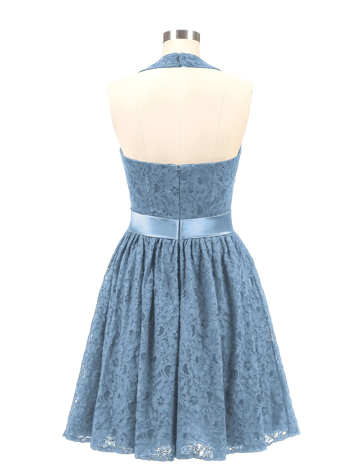 Halter V-neck Lace Dress with Satin Sash-Slate Blue Plus Size