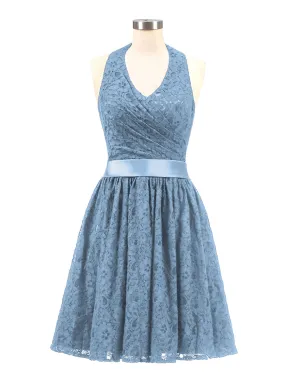 Halter V-neck Lace Dress with Satin Sash-Slate Blue Plus Size