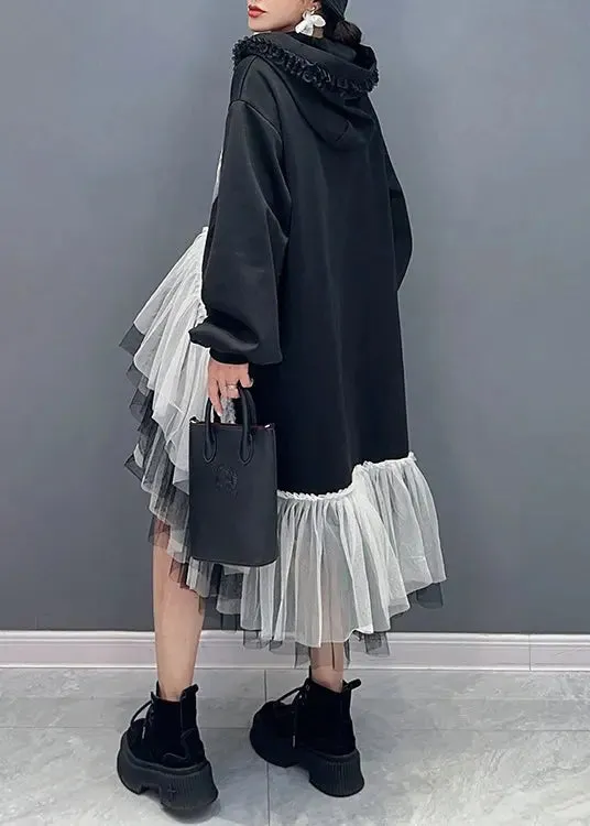 Hooded Wrinkled Tulle Cotton Dresses Fall