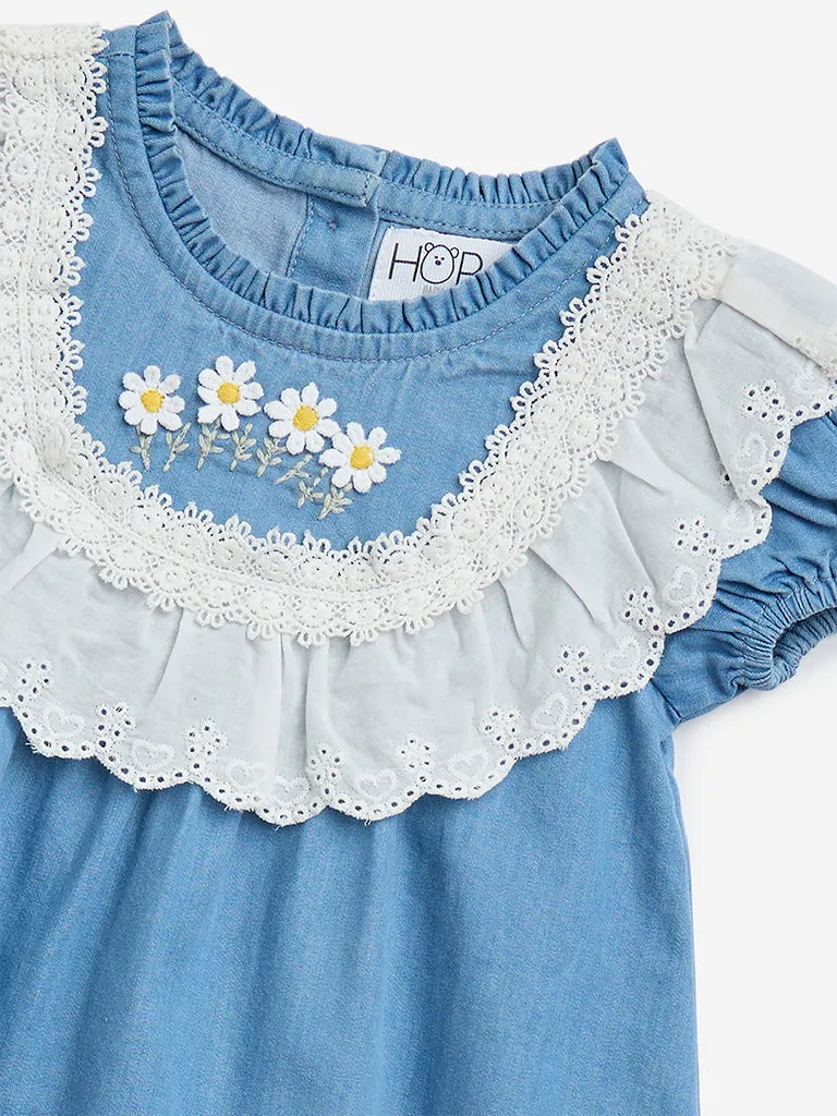HOP Baby Blue Floral Design Denim A-Line Dress