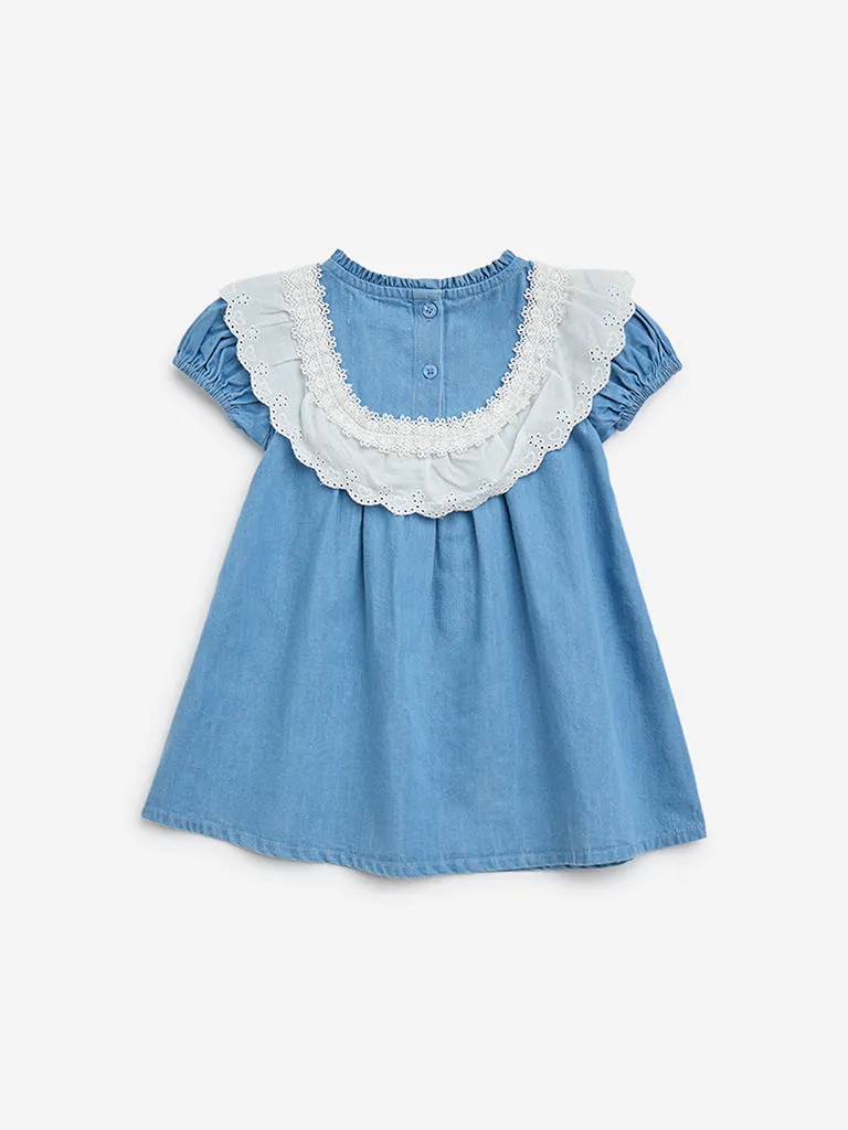 HOP Baby Blue Floral Design Denim A-Line Dress