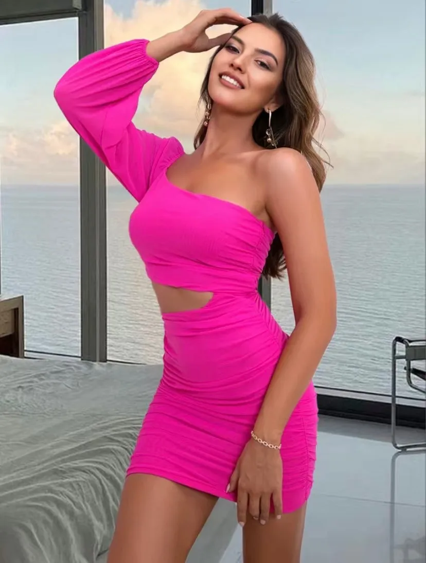 Hot Pink One Sleeve Cut Out Ruched Bodycon Dress